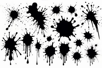 Black ink splashes on a white background make an artistic pattern