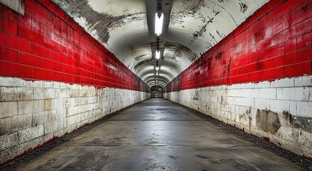 A long, dark tunnel  walls leads to an open area at the end
