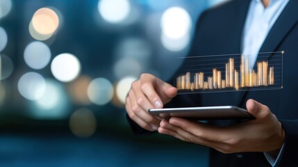 Professional Businessman Analyzing Data with Tablet in Hand, Using Graphical Interface in Urban Environment, Modern Technology Concept for Finance and Analytics