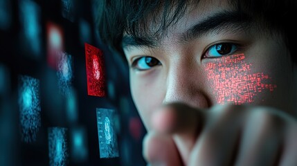 A Focused Young Man Engaging with Digital Technology, User Interface Graphs, and Data Visualization, Representing Modern Cyber Culture and Innovation