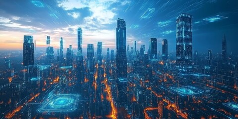 Fototapeta premium A picture of a futuristic city held by artificial intelligence (AI) illustrates the ideas behind machine learning and deep learning technology.