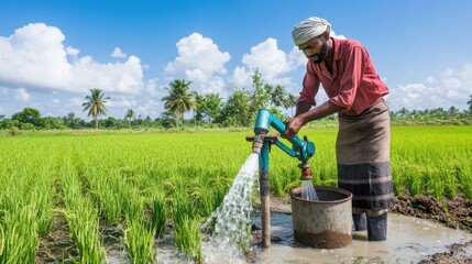 A farmer carefully irrigates vibrant rice fields using a water pump in bright natural light
