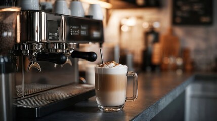 A layered latte in a glass mug with whipped cream and cinnamon sprinkles sits beside a professional espresso machine on a cafe counter with warm ambient lighting
