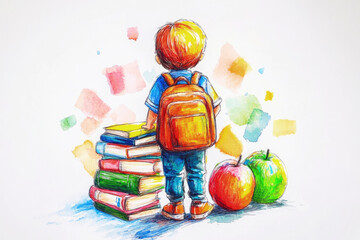 Colorful illustration of a young child wearing a backpack, standing in front of tall stacks of books in the background. Back to school, study, education.