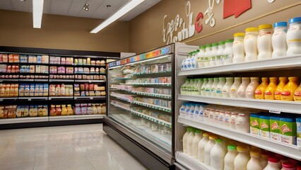 Grocery store display filled with colorful yogurt, milk, and kefir products arranged neatly bright lighting