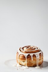 Glazed cinnamon roll on a white surface