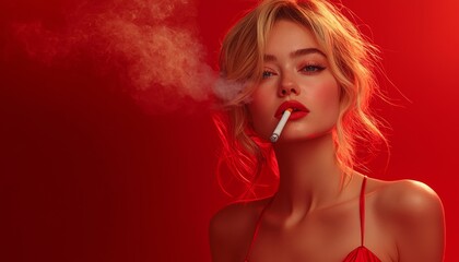 Fototapeta premium beautiful young woman in red dress with cigarette., Exclusive commercial colored