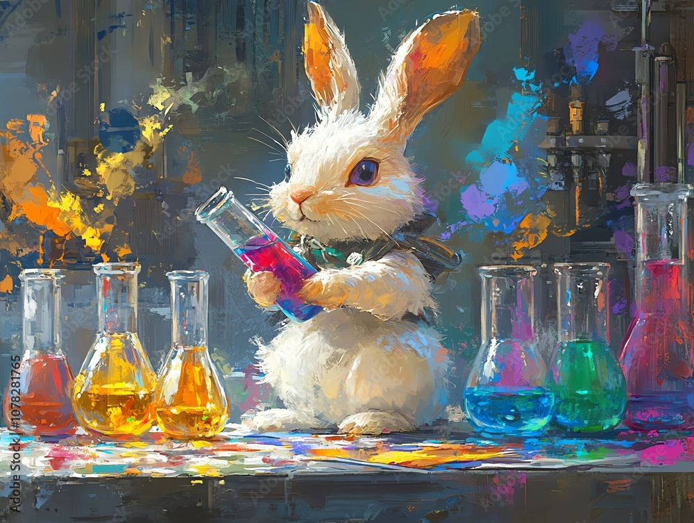 Poster a white rabbit in a lab coat holds a flask of purple liquid, surrounded by beakers of colorful liqui