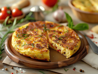 Close up of Spanish Tortilla Espanola garnished with fresh herbs in a pan