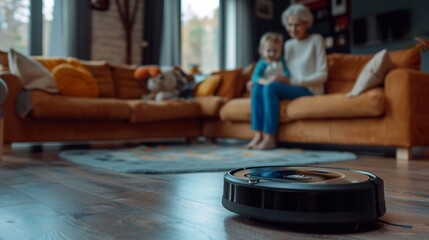 The robot vacuum cleaner cleans the living room while kids play around, enjoying their fun time.