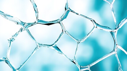 Fototapeta premium Close-Up View of a Soap Bubble Structure Displaying Intricate Patterns and Reflective Surfaces in a Soft Blue Background