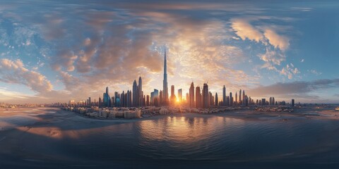 Naklejka premium A stunning 3D view of Dubai's city center at sunrise, showcasing its impressive skyscrapers and luxurious buildings.