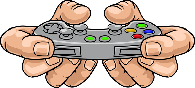 An illustration of gamer hands holding a video game controller breaking wall or background