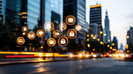 A Modern Urban Cityscape at Dusk with Floating Technology Icons Symbolizing Connectivity, Innovation, and Security in a Digital Environment