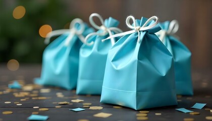 Blue goodie bags for wedding anniversary birthday corporate event with copy space