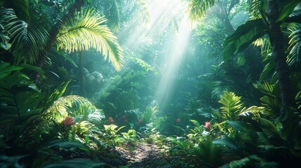 Obraz premium Lush tropical jungle scene with vibrant greenery, beams of sunlight filtering through dense foliage, creating a tranquil and serene atmosphere.