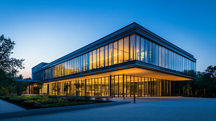 Obraz premium A modern building with large glass windows reflecting the evening sky, emphasizing contemporary design and architectural elegance in a vibrant setting.