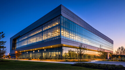 A modern architectural building with extensive glass windows reflecting the evening sky, highlighting contemporary design and urban elegance.