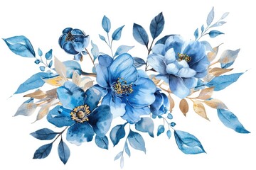 Blue Flower Arrangement. Watercolor Hand-Painted Sky Blue Floral Bud and Leaf Foliage for Beautiful Botanical Frame