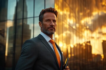 A powerful portrait of a successful male business leader in his 40s, standing confidently in the foreground.