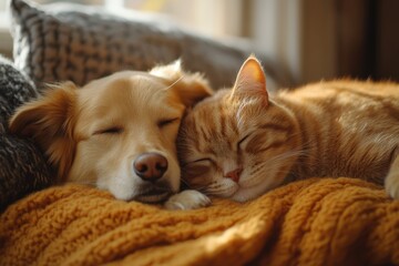 photo dog and cat sleeping cuddled with each other warm light and shadow minimalist aesthetic danish modern room