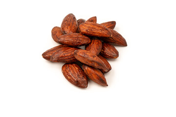 A group of caramelized almonds isolated on a white background.