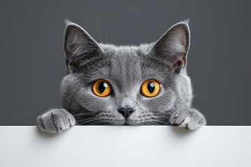 beautiful funny grey British cat peeking out from behind a white table with copy space