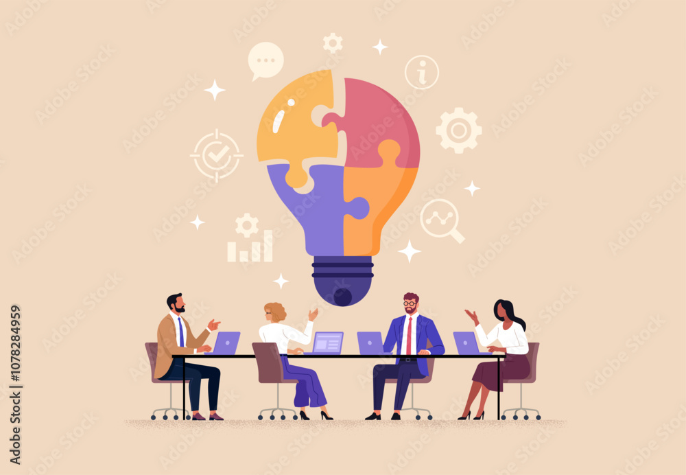 Poster business team brainstorm concept. vector flat style abstract illustration of a group of diverse peop
