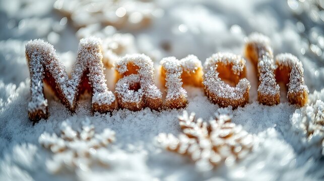 Frosty March lettering with snowflake decorations in bright winter sunlight