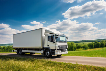 A white truck is driving on the road against the background of a summer landscape