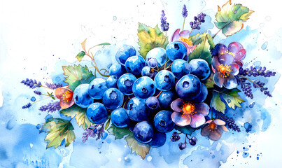 Colorful watercolor illustration of blueberries and flowers bouquet.