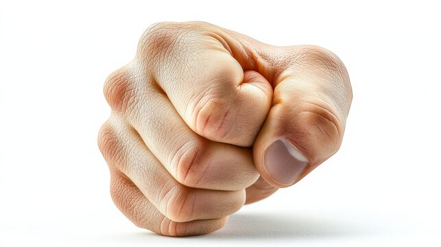 A clenched fist covered in fine granules, symbolizing strength, resilience, and determination.