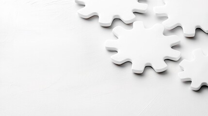 Obraz premium White cogwheels on a bright white background, symbolizing teamwork, collaboration, and mechanical engineering concepts to enhance creativity and productivity in the workspace