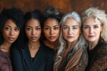 Fototapeta premium Multi-ethnic group of women of different ages posing against brown background 