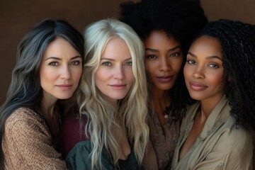 Obraz premium Multi-ethnic group of women of different ages posing against brown background 