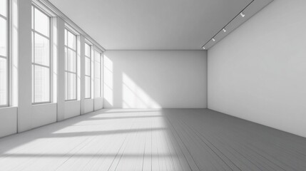 Fototapeta premium A large, empty room with white walls and wooden floors
