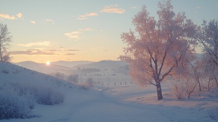 A serene winter landscape featuring a snow-covered path, frosted trees, and a soft sunset casting warm hues across a tranquil scene.
