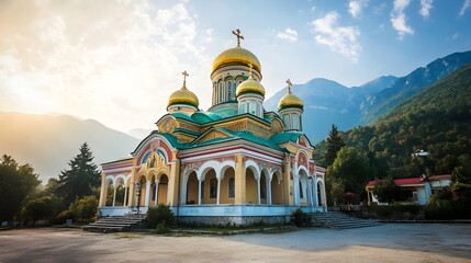 Orthodox Church with Radiant Golden Domes at Sunrise