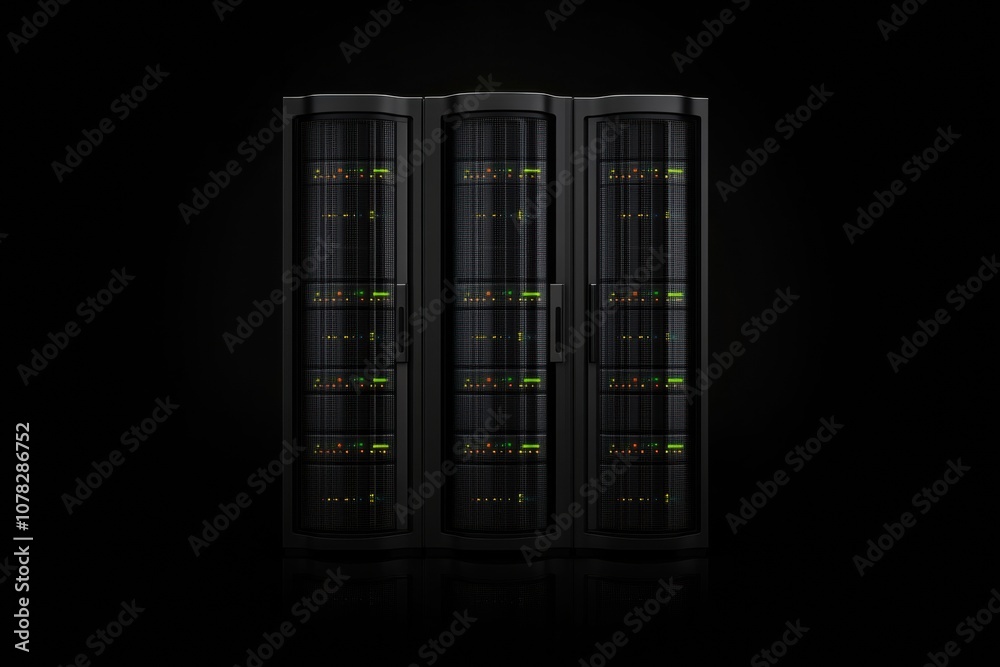 Fototapete rows of servers with blinking indicators illuminate the dark background, showcasing ongoing data pro