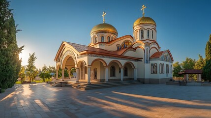 Orthodox Church with Golden Domes in Gentle Morning Sunlight