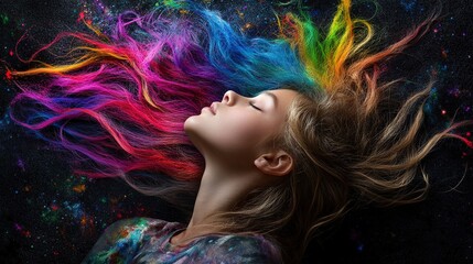 Enchanting Portrait of a Young Woman with Colorful Hair Against a Cosmic Background, Expressing Dreams and Imagination through Vibrant Colors and Artistic Flair