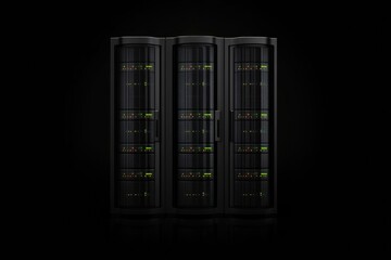 Rows of servers with blinking indicators illuminate the dark background, showcasing ongoing data processing in a tech facility. Generative AI