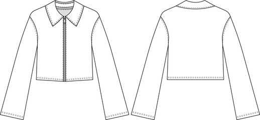 drop shoulder kimono bell long sleeve collared zippered loose jacket cardigan template technical drawing flat sketch cad mockup fashion woman design style model 
