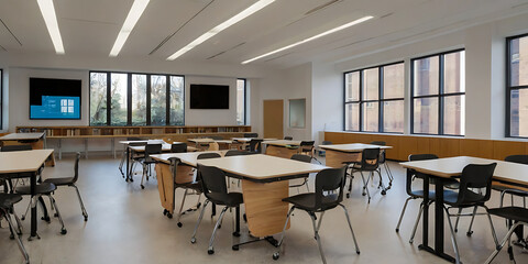 classroom with sleek, movable furniture, classroom background, created by Generative AI