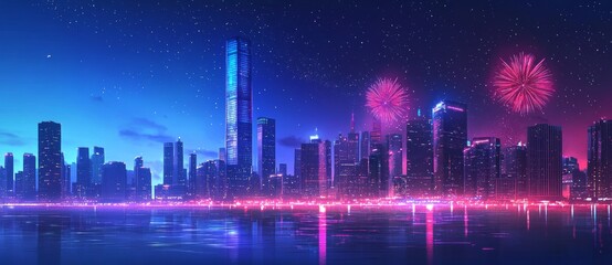 Fireworks display, vector illustration with a blue background