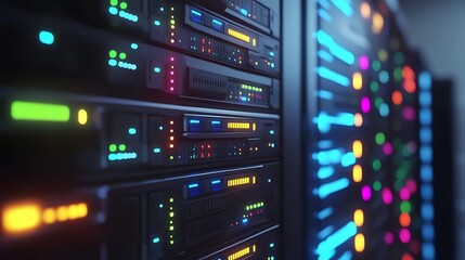 Naklejka premium Pink Lit Server Racks In Data Center