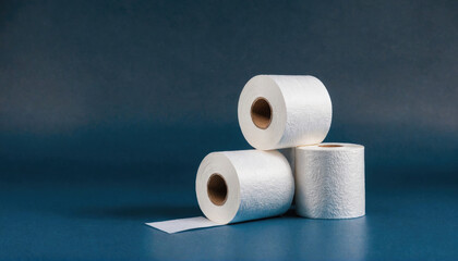 Three rolls of toilet paper are stacked on a blue surface