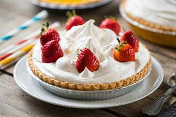 Strawberry Lemon Meringue Pie with Golden Crust, Soft Meringue Topping, and Fresh Strawberries on a White Plate, Served with Straw and Spoon