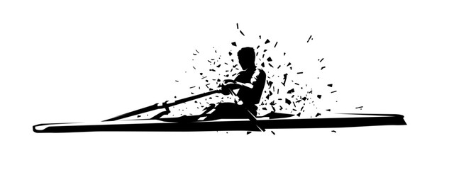 Rowing, distorted isolated vector silhouette, water sport athlete. Outdoor activities, water sports © michalsanca