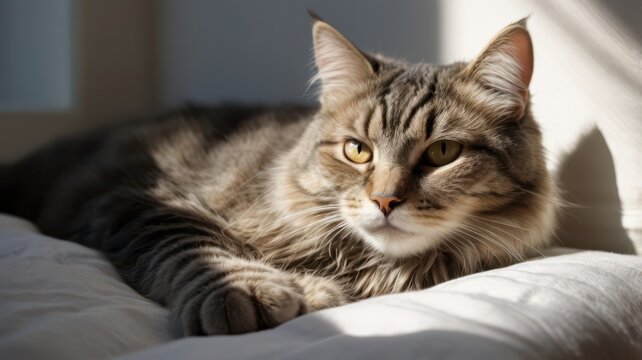  A fluffy gray tabby cat resting peacefully on a soft, white bed, curled up with its paws tucked in, bathed in natural sunlight coming through a nearby window, highlighting its fur and creating soft s - Powered by Adobe